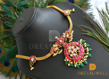 Gold tone pink-green-white flower-mango kundan jadau necklace dj-37744