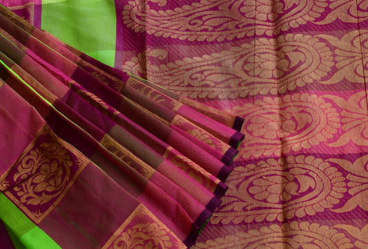 Semi silk cotton pink-parrot green color mango design saree dj-38526
