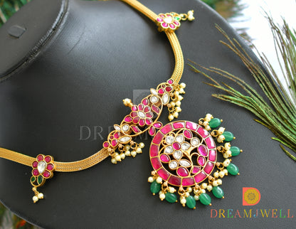 Gold tone pink-green-white flower-mango kundan jadau necklace dj-37744