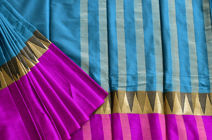 Semi silk cotton temple border blue-pink Saree dj-38529