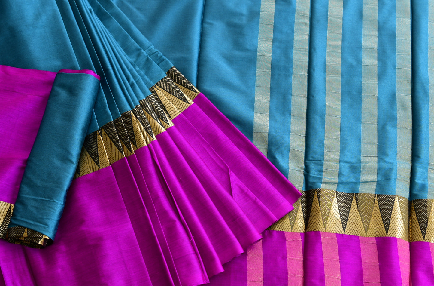 Semi silk cotton temple border blue-pink Saree dj-38529