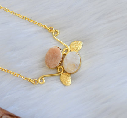 Gold tone baby pink-grey stone pendant with chain dj-40063
