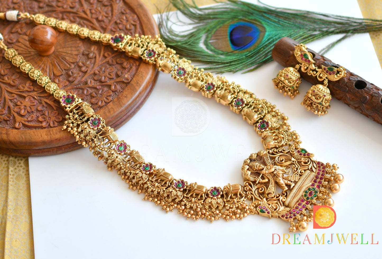 Matte finish kemp-green Krishna-Elephant gold cluster haar set dj-36230