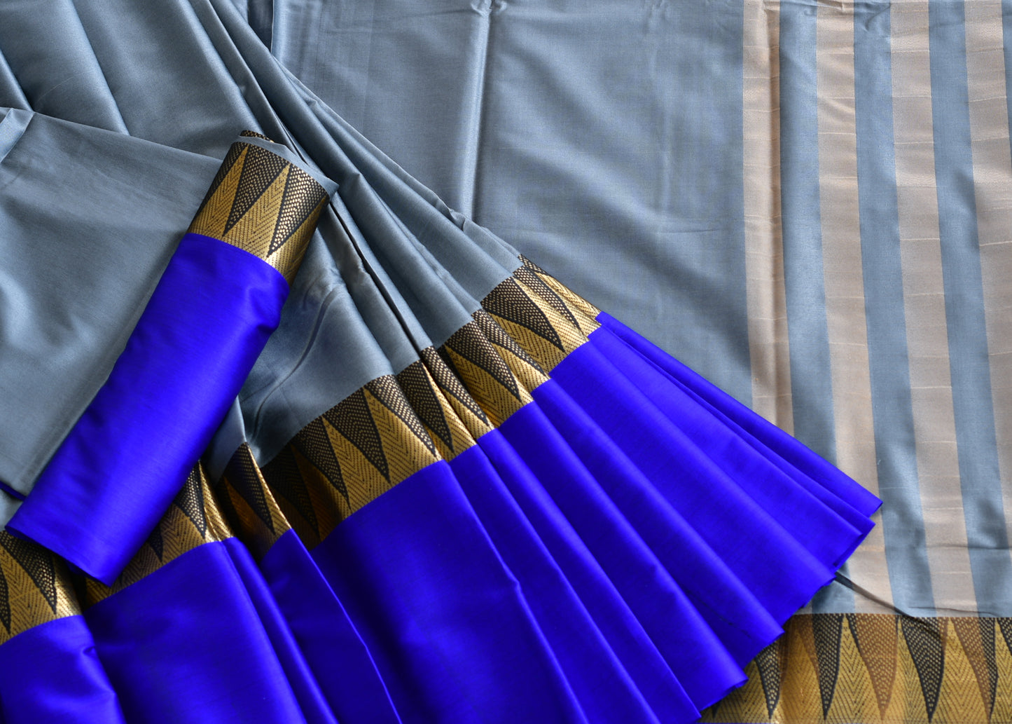 Semi silk cotton temple border blue-grey Saree dj-38530