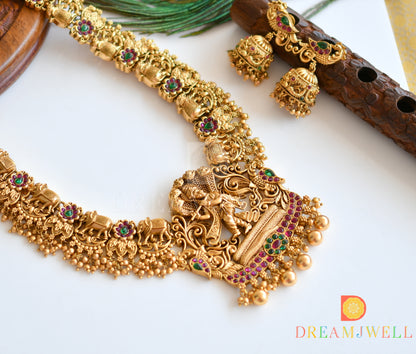 Matte finish kemp-green Krishna-Elephant gold cluster haar set dj-36230