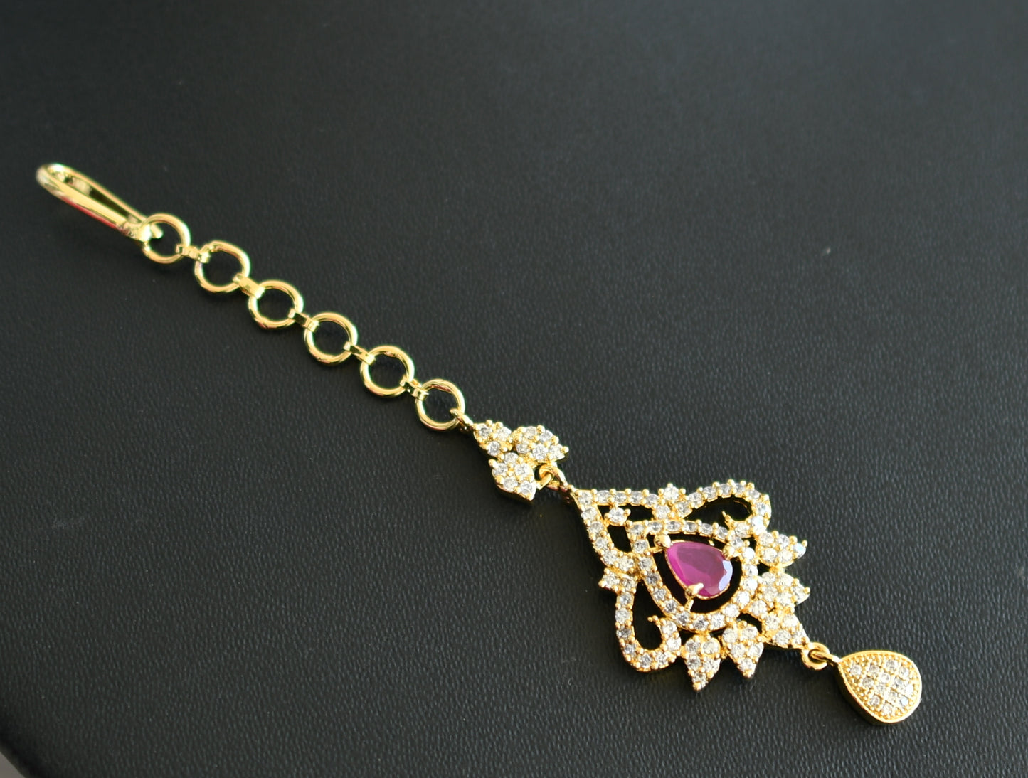 Gold tone cz ruby maang tikka dj-08783