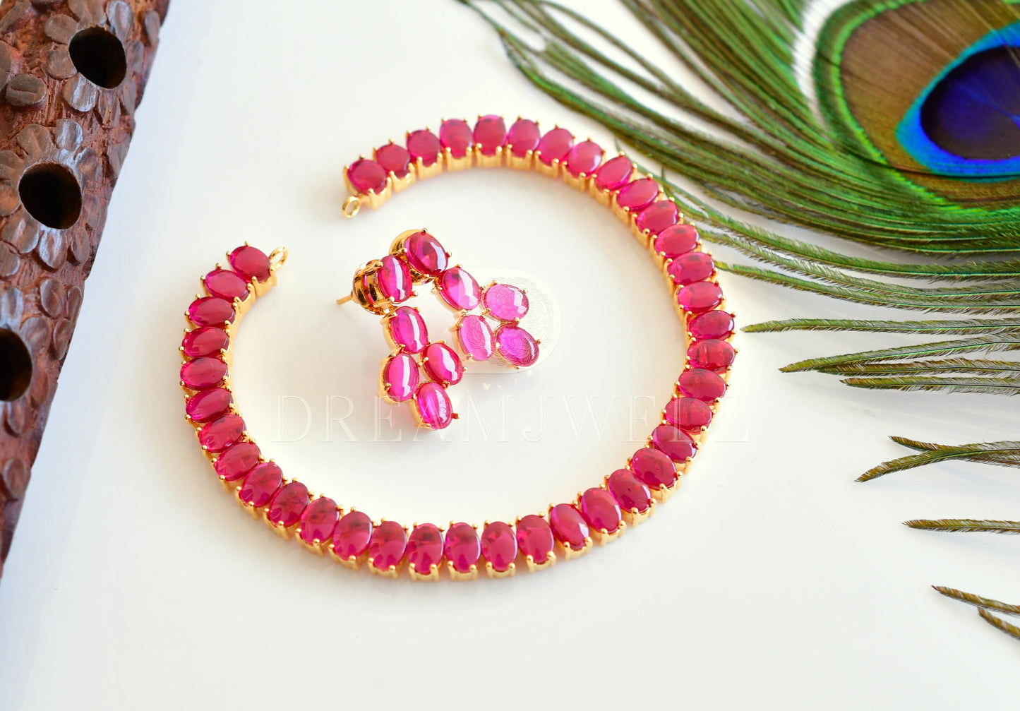 Gold tone pink stone designer necklace set dj-35400