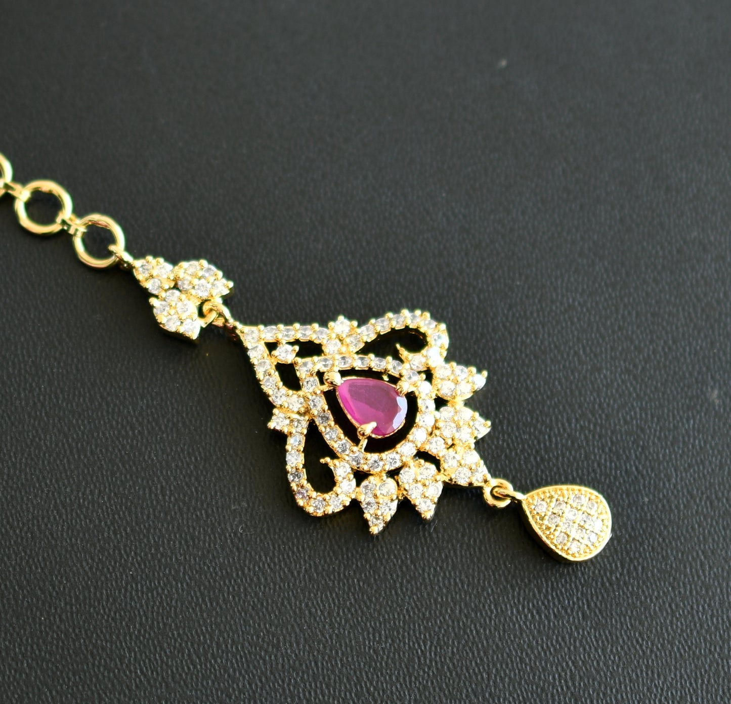 Gold tone cz ruby maang tikka dj-08783