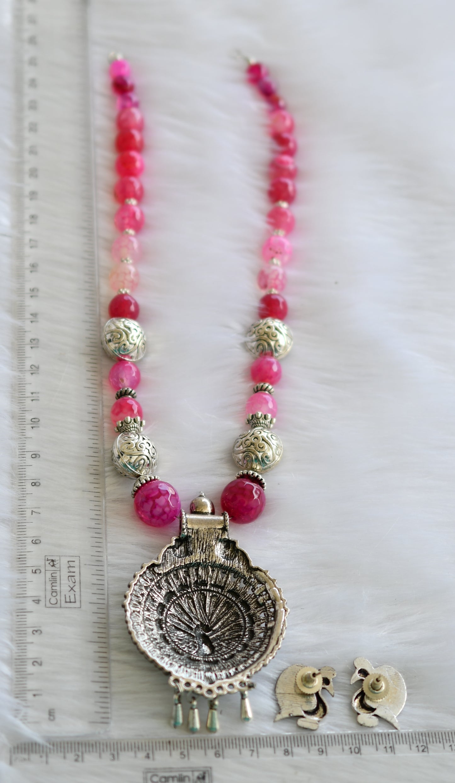 Silver tone pink agates beads peacock pendant hand made necklace set dj-38567