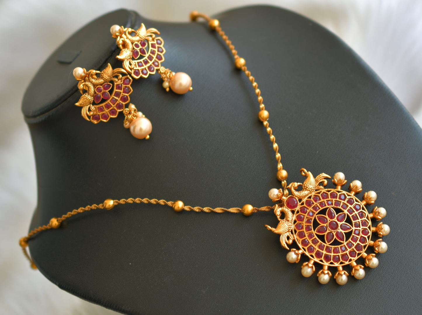 Matte finish ruby pearl peacock necklace set dj-29830
