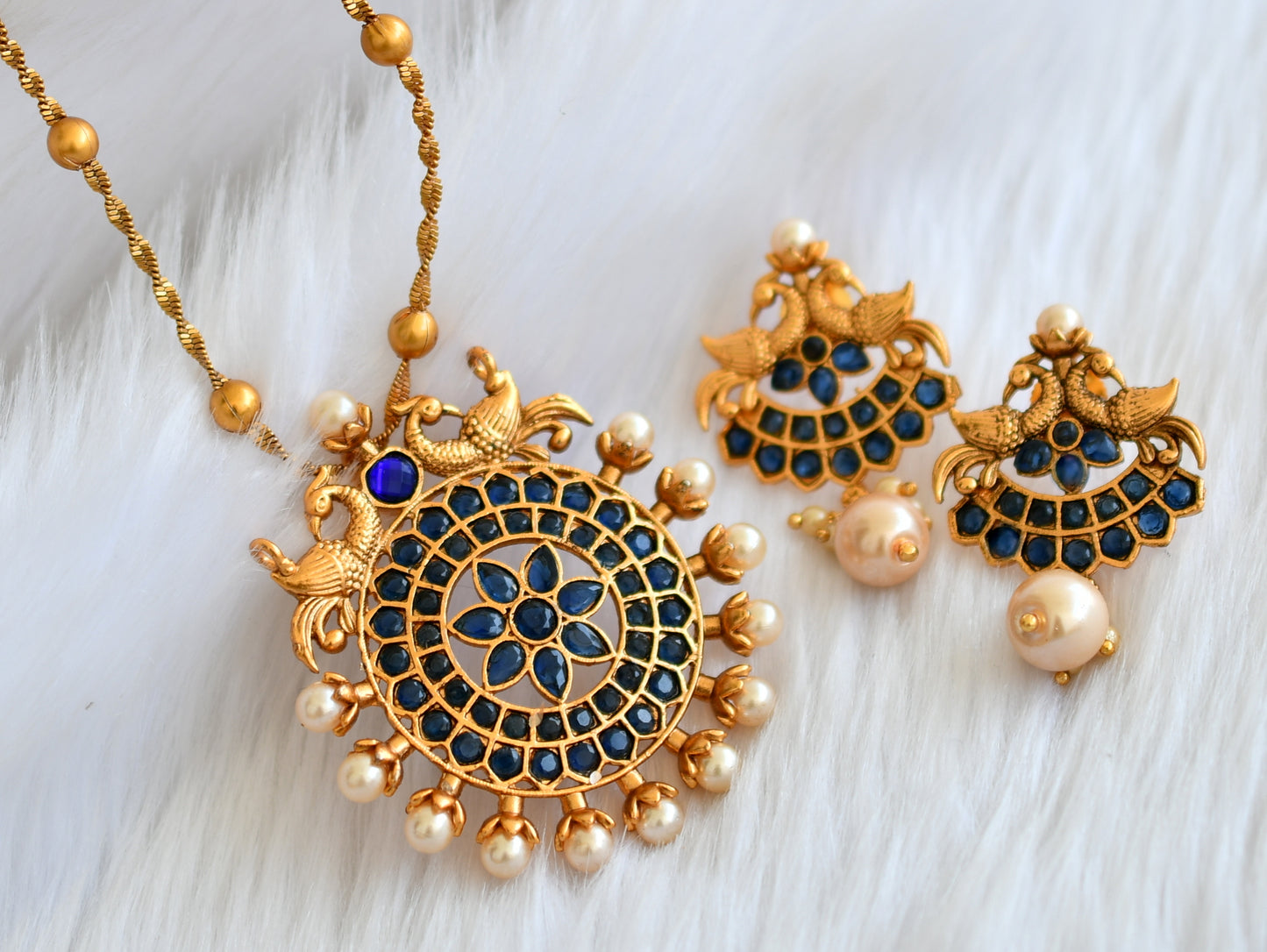 Matte finish royal blue peacock necklace set dj-29829