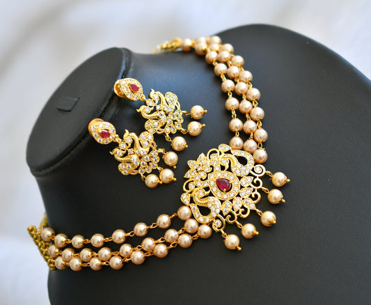 Gold tone cz ruby-white pearl choker necklace set dj-39964