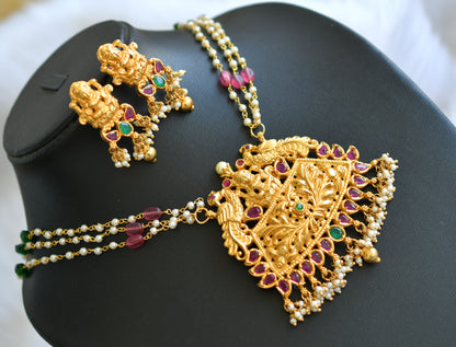 Gold tone ruby-emerald Lakshmi-peacock necklace with screw back earrings dj-12970