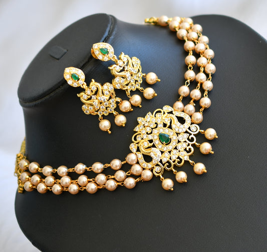 Gold tone cz green-white pearl choker necklace set dj-39965