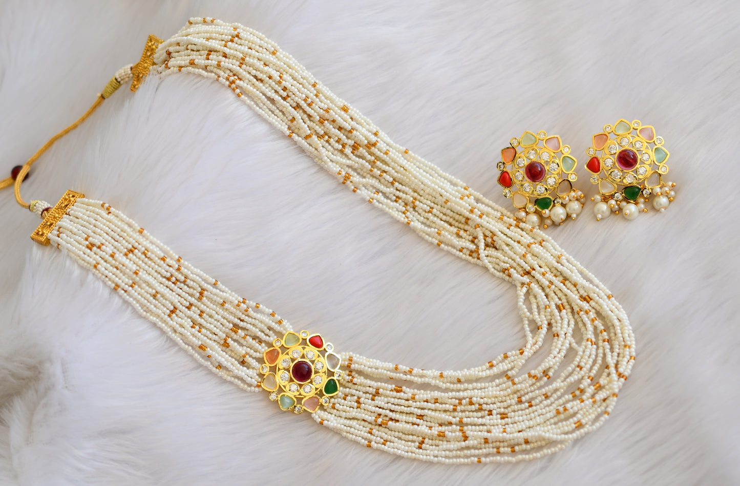 Gold tone navarathna stone pearl layer haar set dj-39967