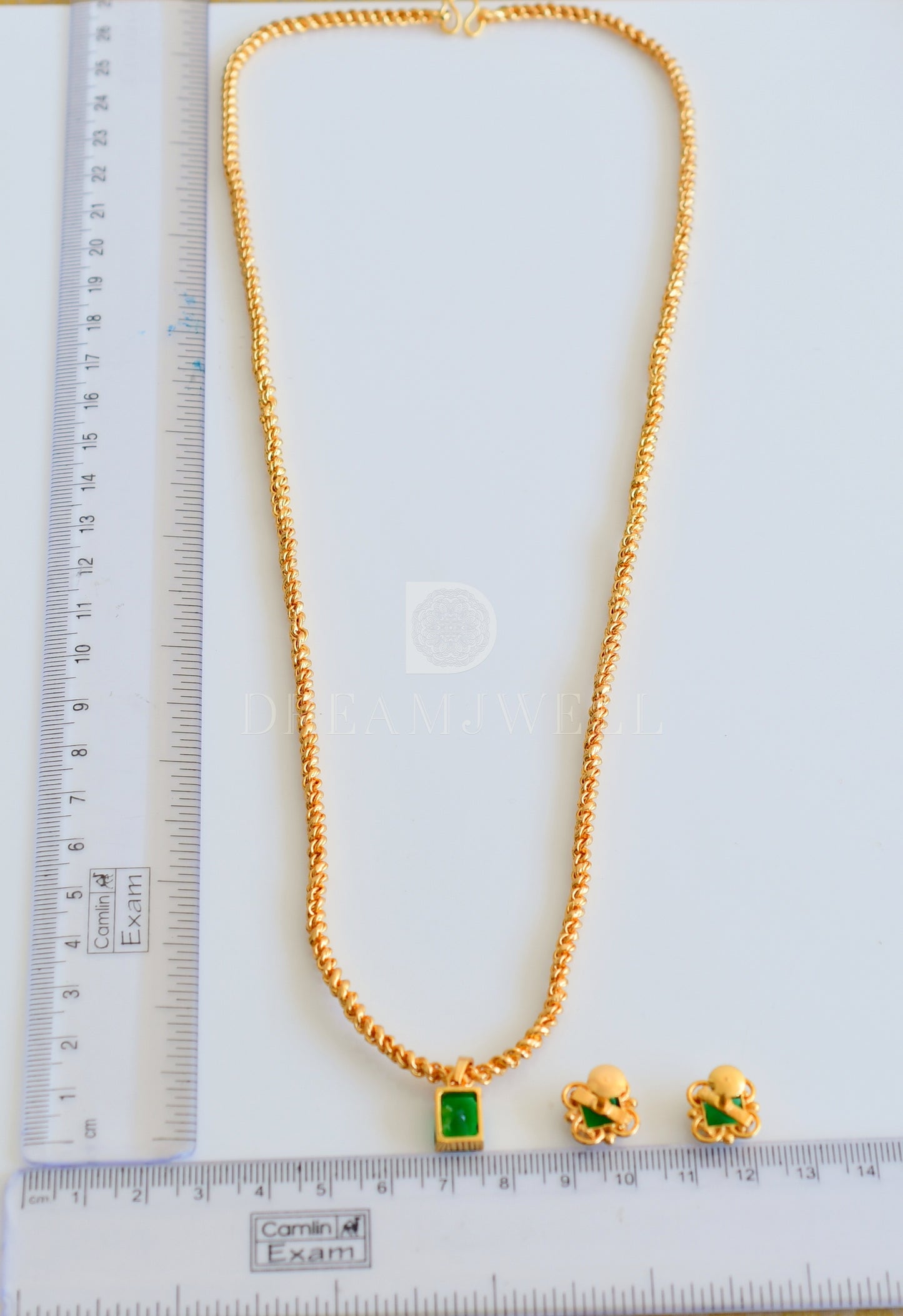 Gold tone bottle green designer pendant with chain and earrings dj-35392