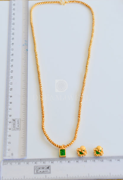 Gold tone bottle green designer pendant with chain and earrings dj-35392