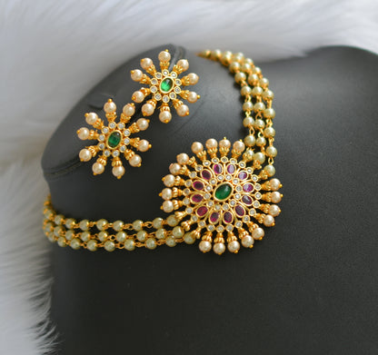 Gold tone kemp-green pearl choker necklace set dj-38551