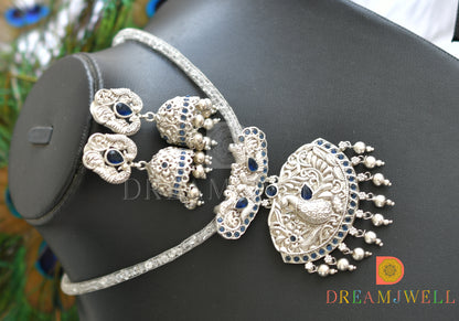 Silver finish blue peacock necklace set dj-09409