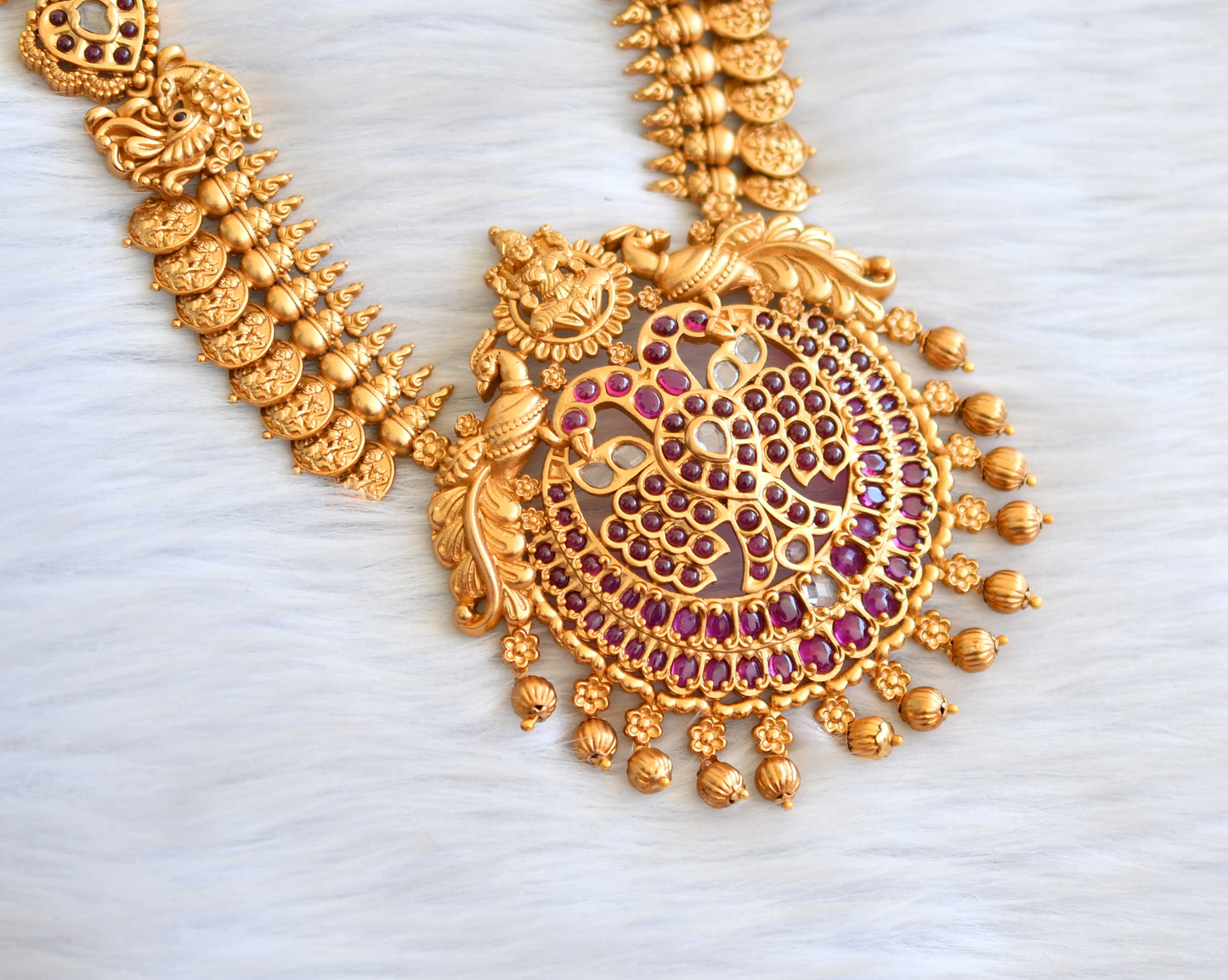 Matte finish kemp peacock lakshmi coin necklace set dj-19072