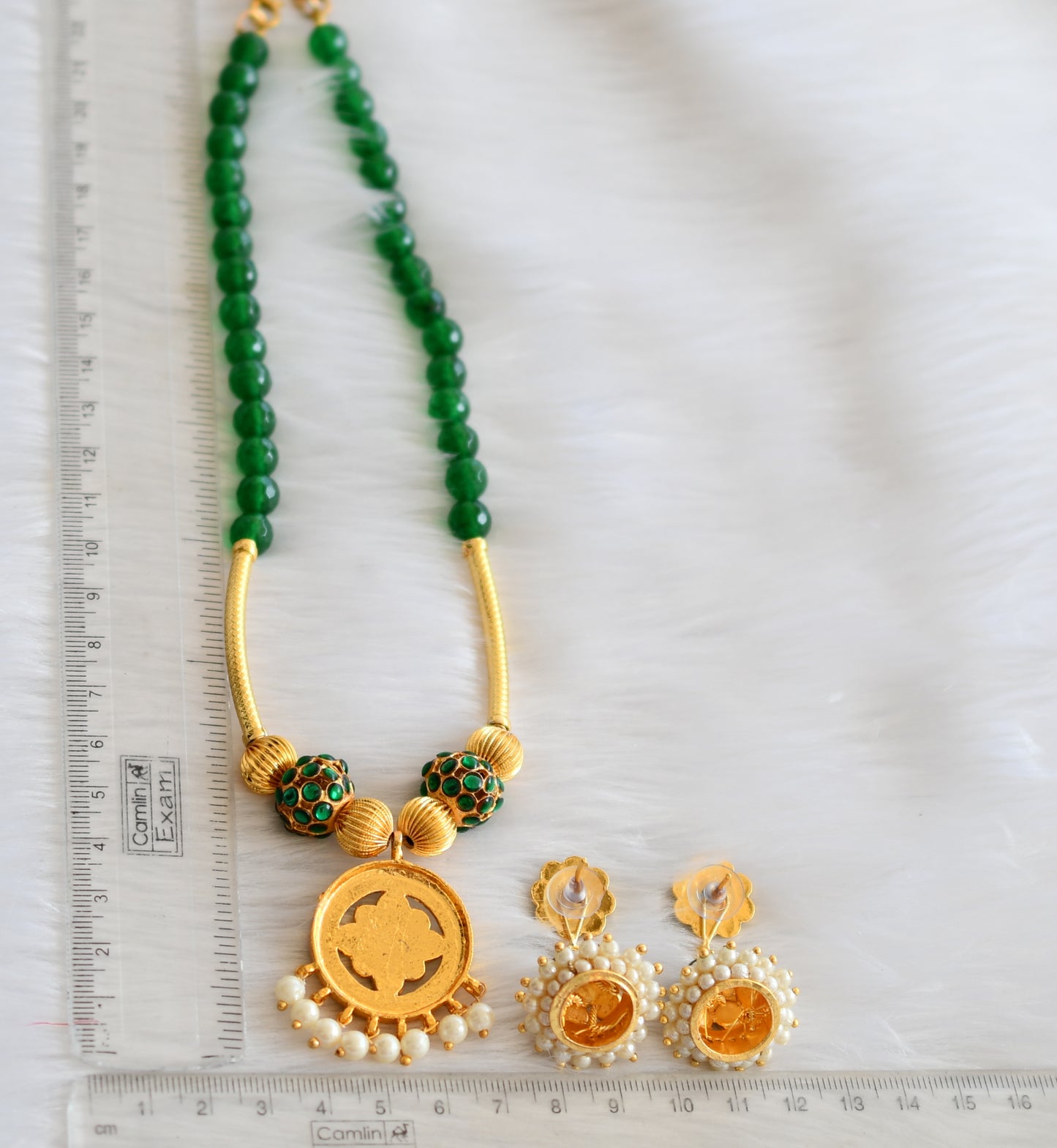 Gold tone green pearl temple necklace set dj-19754