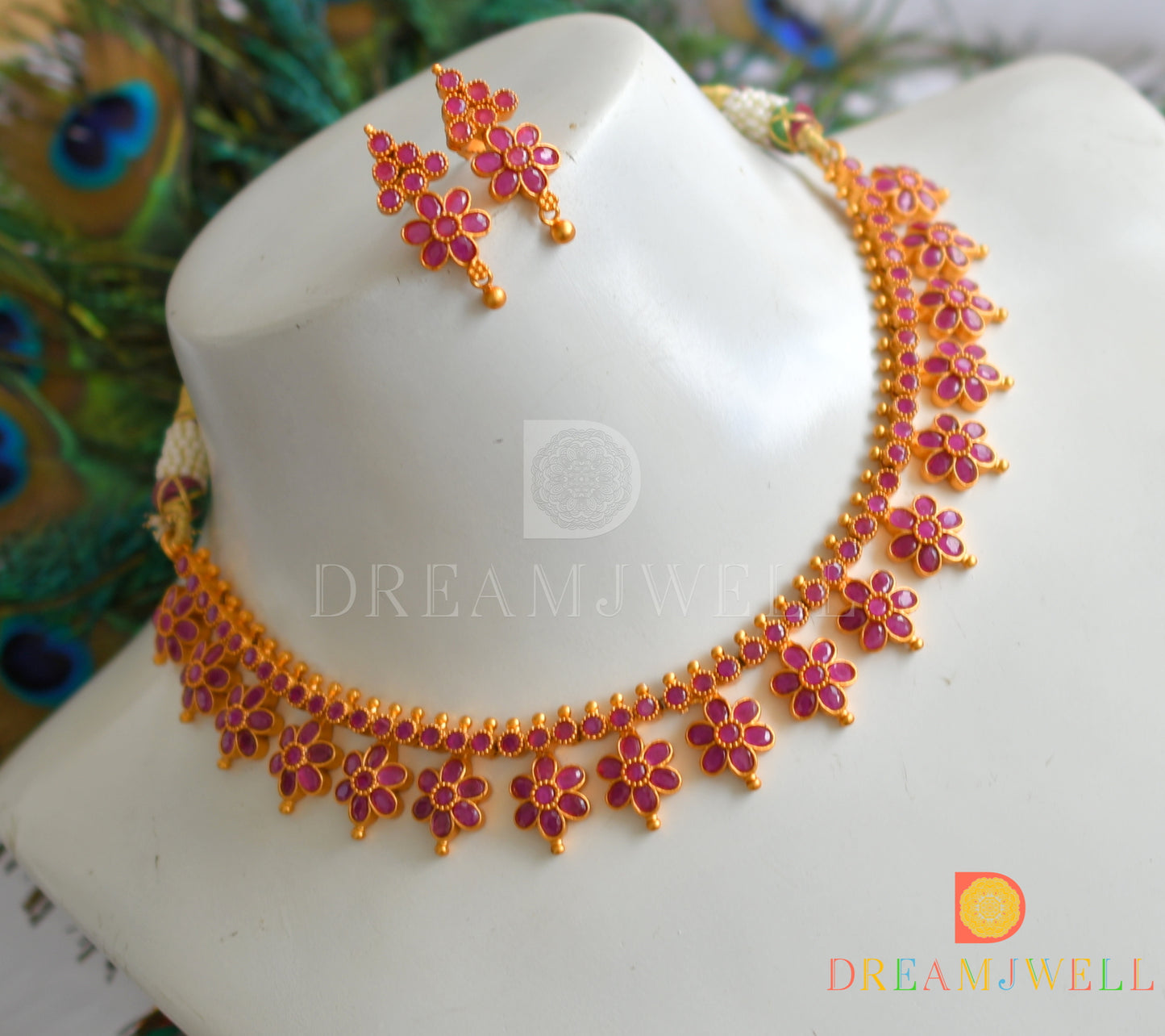 Matte finish semiprecious ruby flower necklace set dj-09401