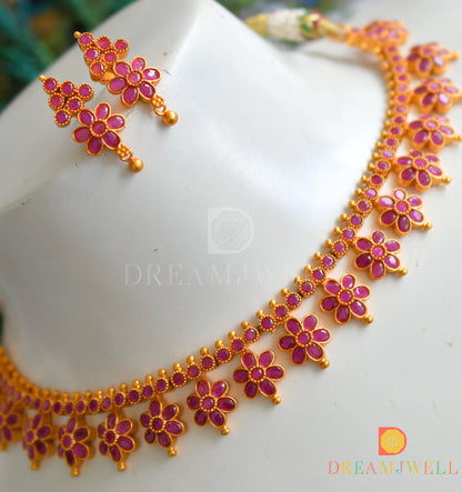 Matte finish semiprecious ruby flower necklace set dj-09401