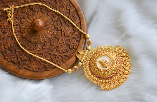 Gold tone pink stone big Lakshmi pendant Kerala style necklace dj-38554