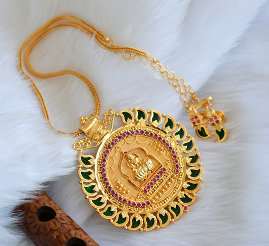 Gold tone pink stone green mango big Lakshmi pendant Kerala style necklace set dj-38559