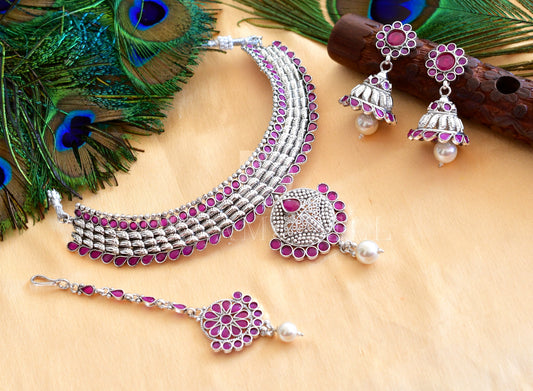 Silver tone ruby designer necklace set with tikka dj-35466