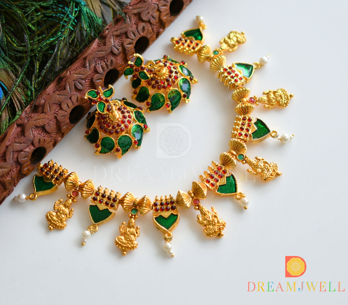 Gold tone palakka green-kemp designer necklace set dj-34957