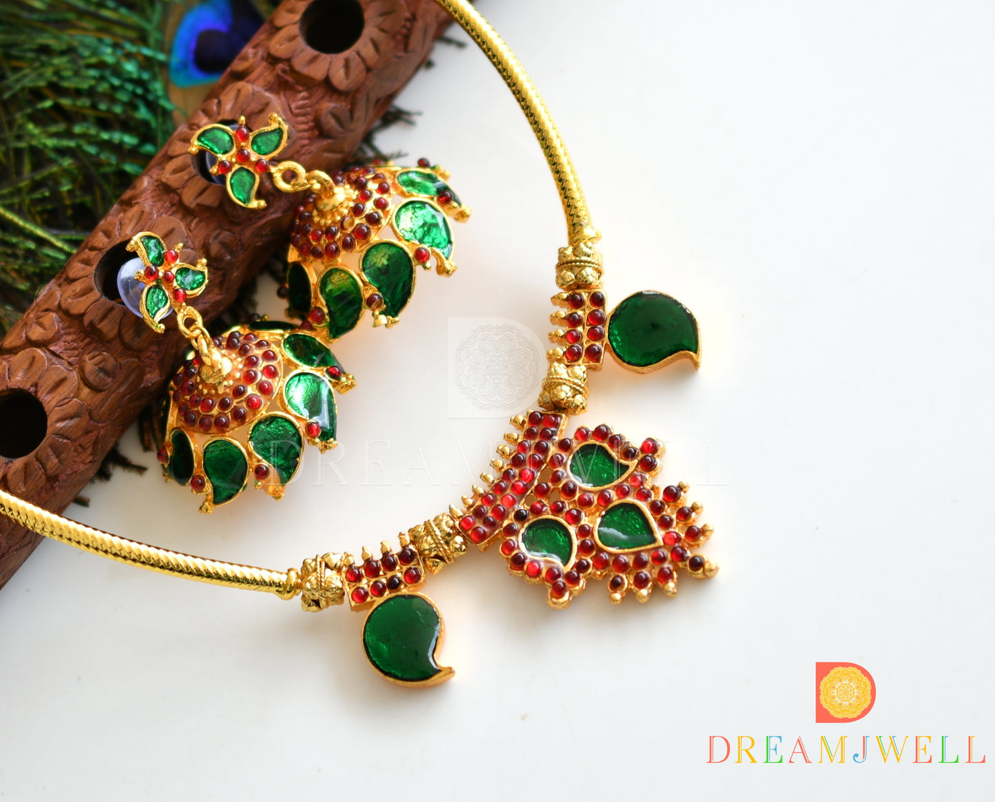 Gold tone handmade Green Palakka Necklace Set dj-04372