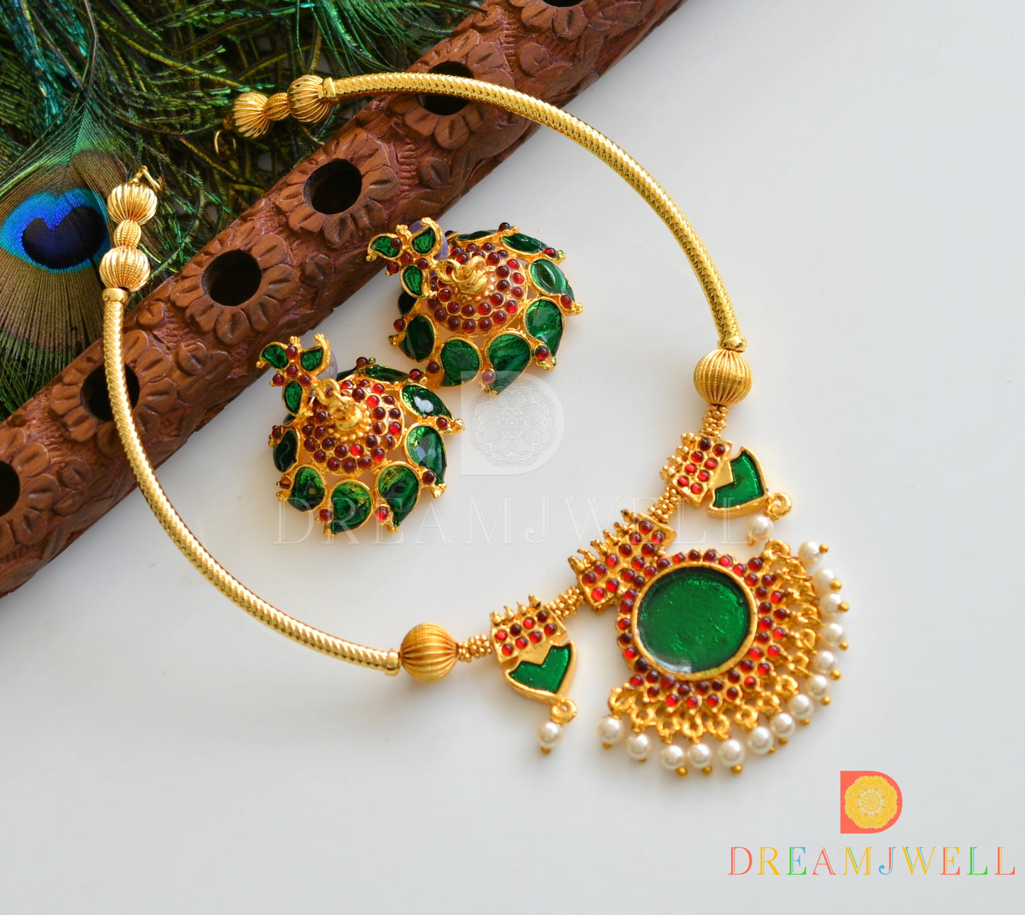 Gold tone handmade green palakka necklace set dj-04371