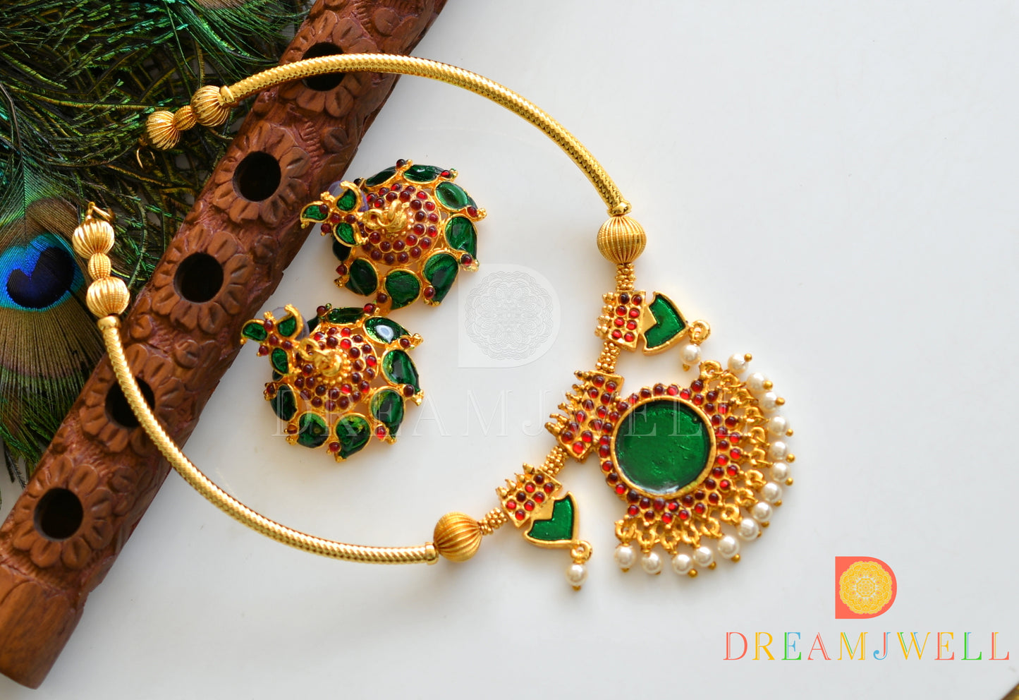 Gold tone handmade green palakka necklace set dj-04371