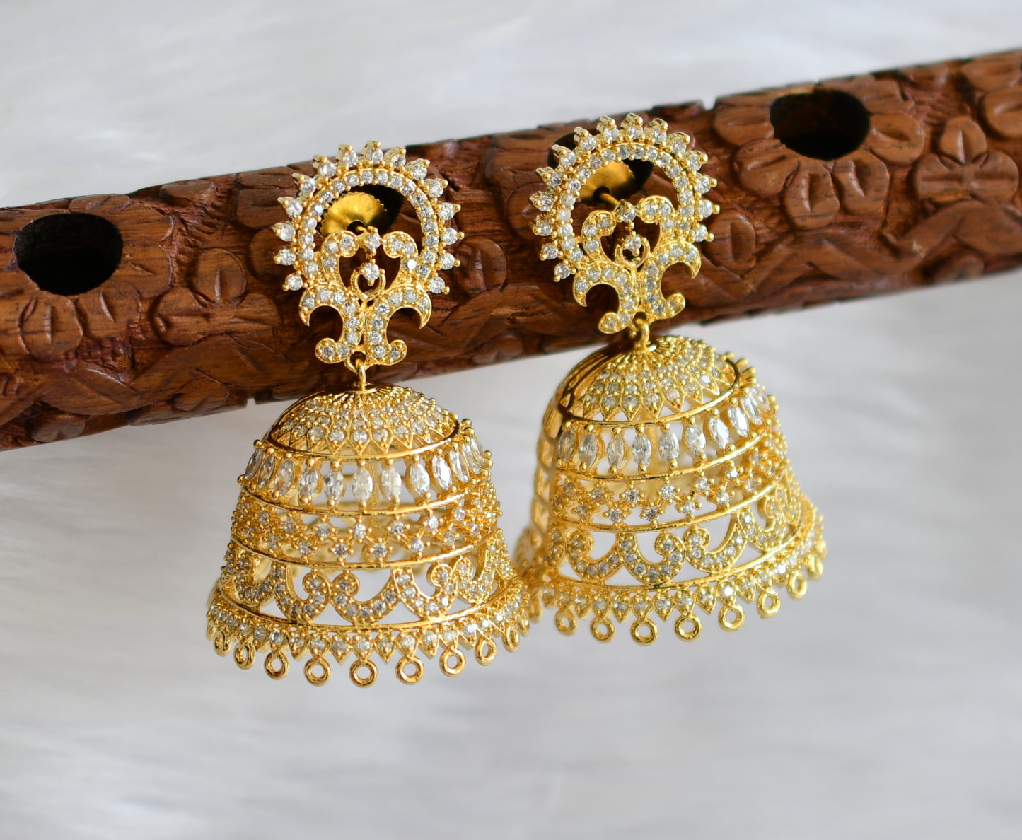 Gold tone cz white peacock jhumkka dj-19726