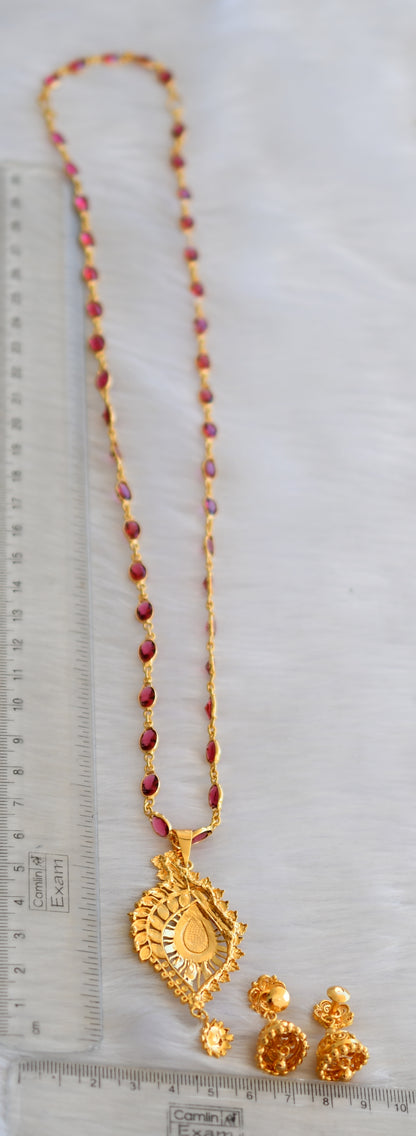 Gold tone ruby stone chain pendant set dj-39993