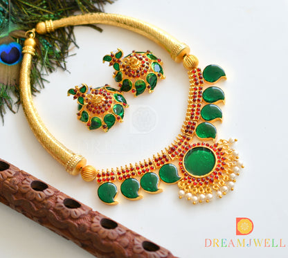 Gold tone palakka green mango jhumkka necklace set dj-18700