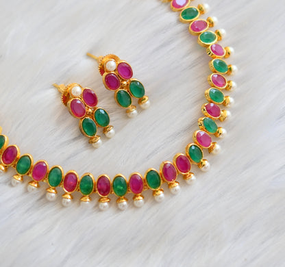 Antique gold tone pearl ruby-green necklace set dj-02990