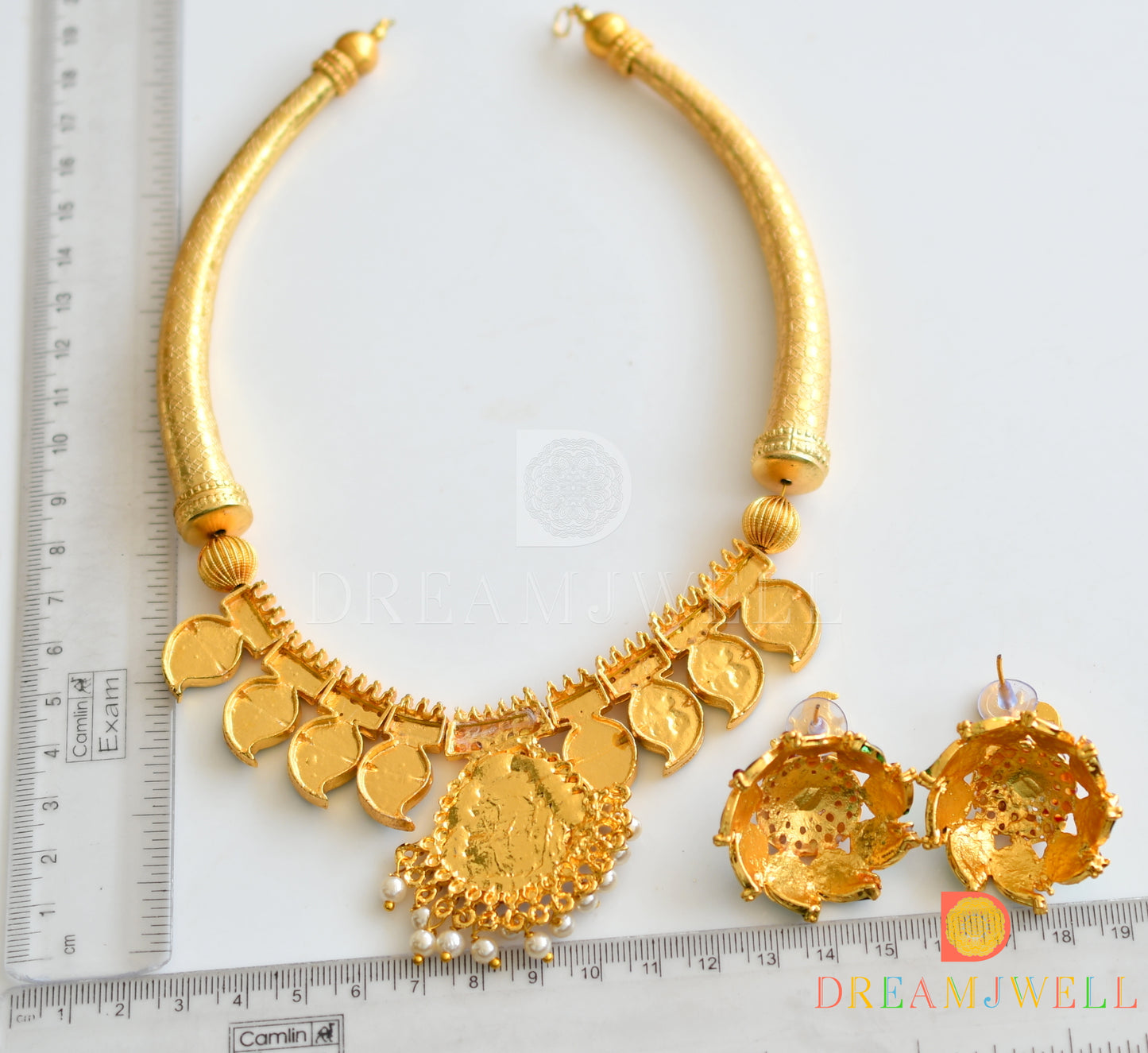 Gold tone palakka green mango jhumkka necklace set dj-18700