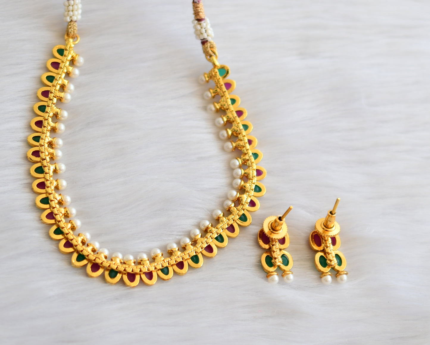 Antique gold tone pearl ruby-green necklace set dj-02990