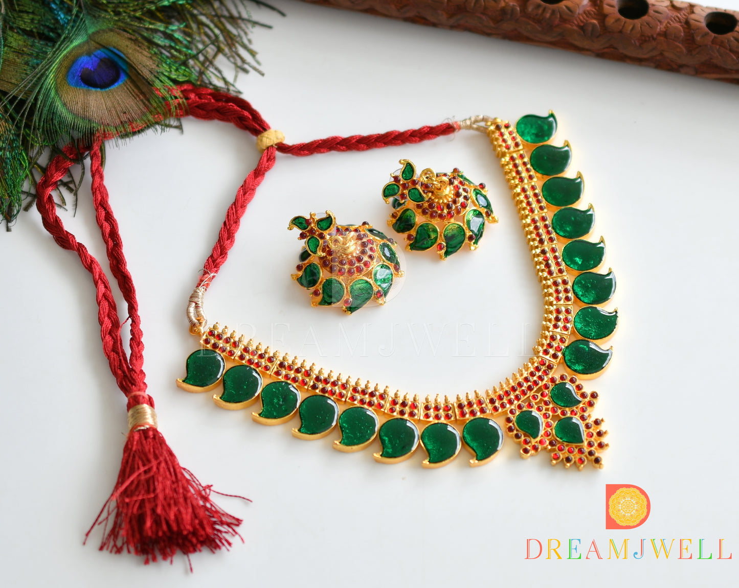 Gold tone green mango Kerala style necklace set dj-14669