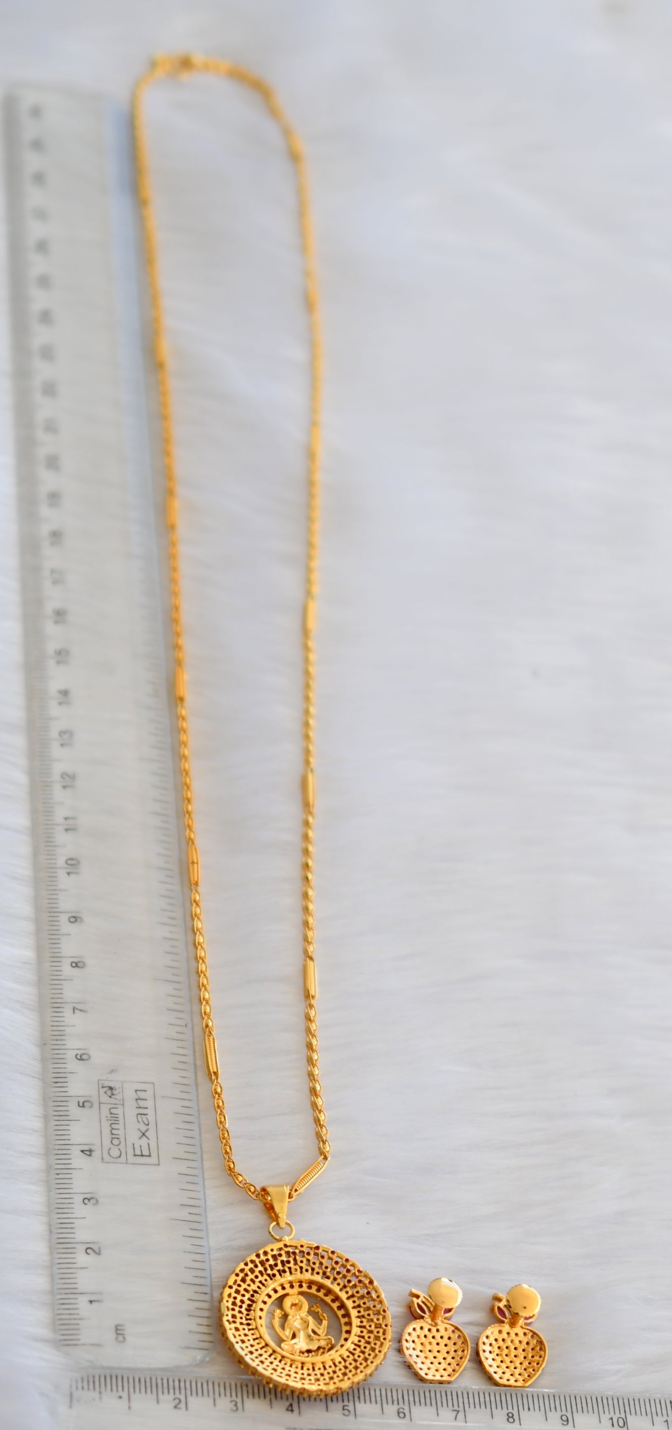 Gold tone cz ruby Lakshmi round pendant set with chain dj-39996