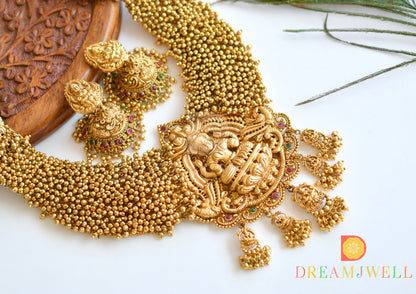 Matte finish kemp-green big Lakshmi gold cluster haar set dj-36240