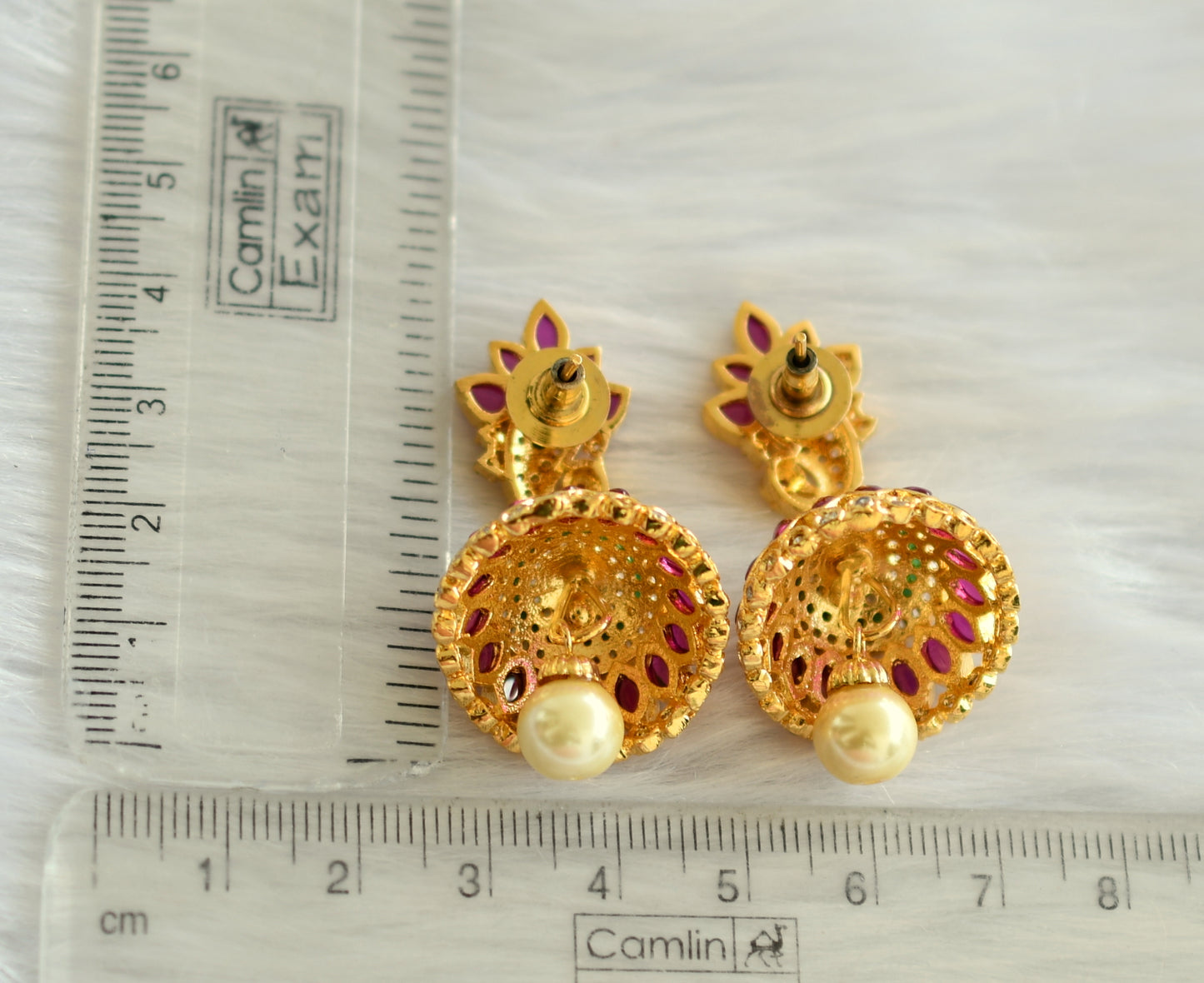 Gold tone cz ruby-emerald peacock jhumkka dj-19738