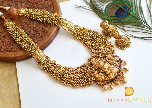 Matte finish kemp-green Lakshmi designer gold cluster haar set dj-36241