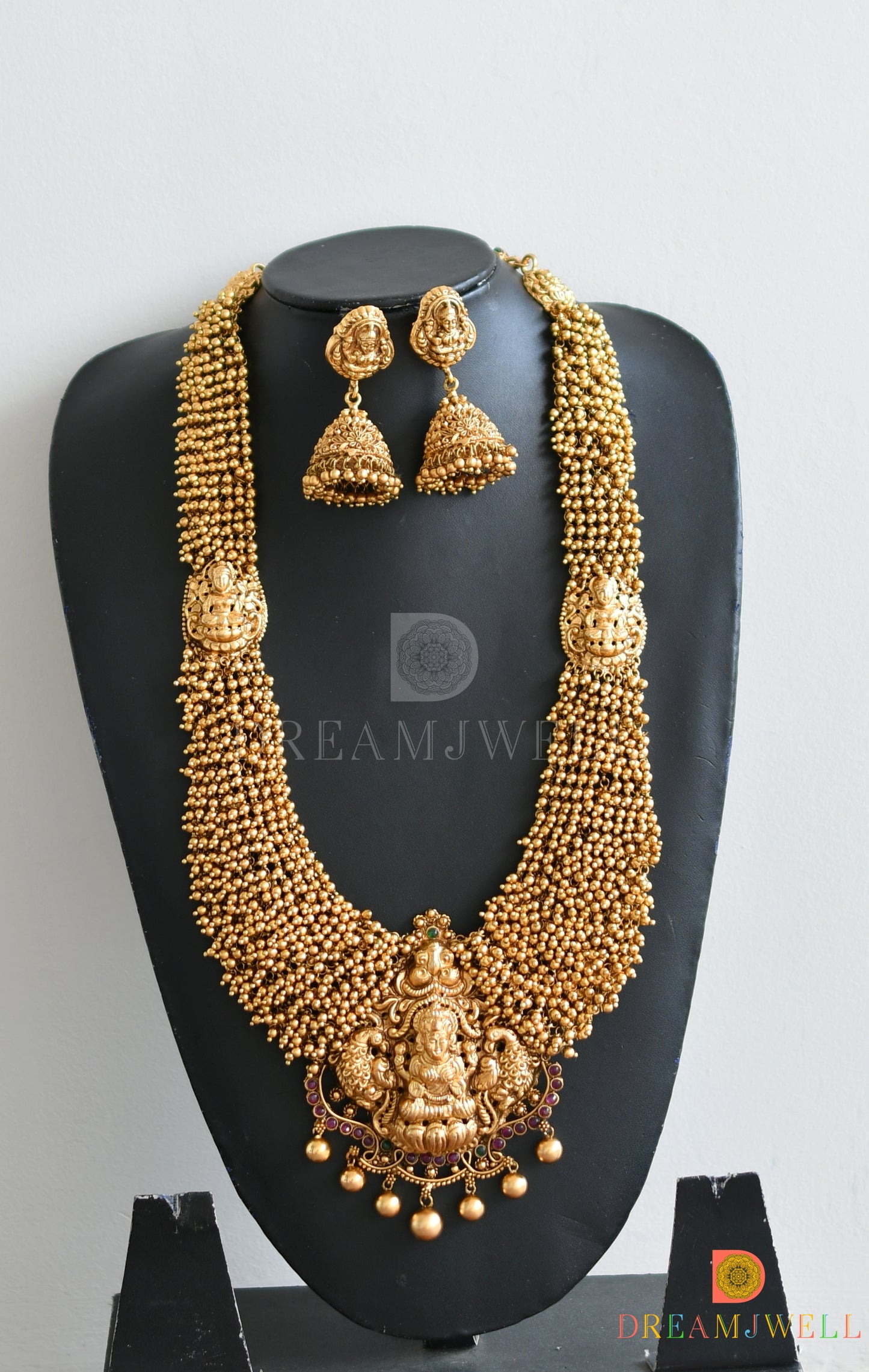 Matte finish kemp-green Lakshmi designer gold cluster haar set dj-36241