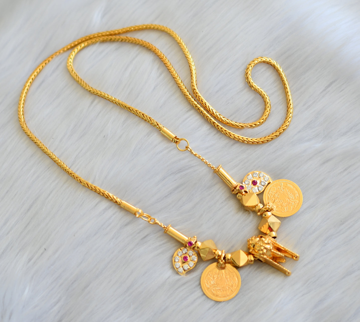 Gold tone pink-white stone mango Lakshmi coin thiru mangalyam dj-40916