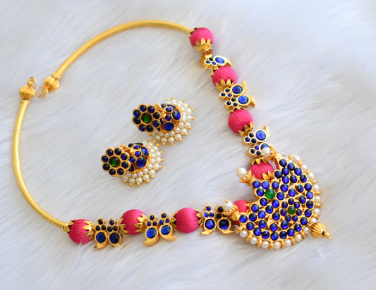 Gold tone pink silk thread blue moon mango necklace set dj-18540