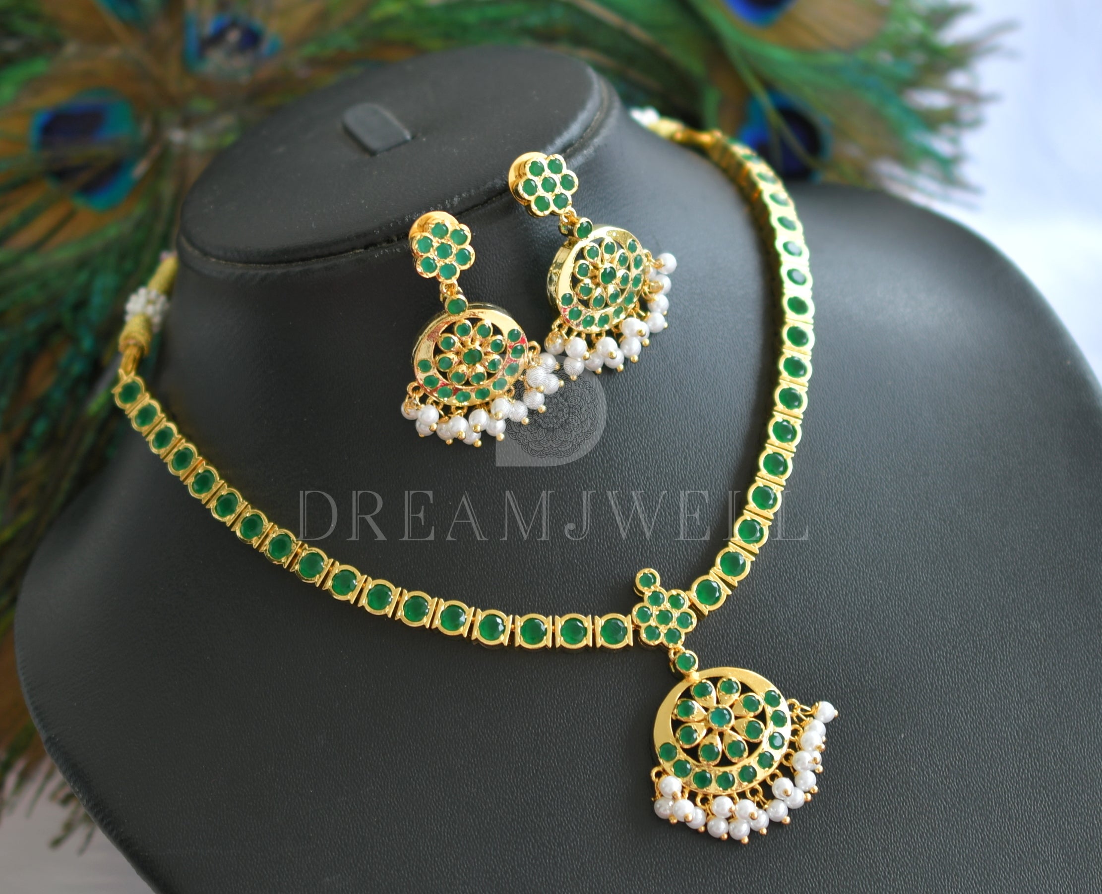 22k Green Emerald Gemstone Necklace Set | Raj Jewels