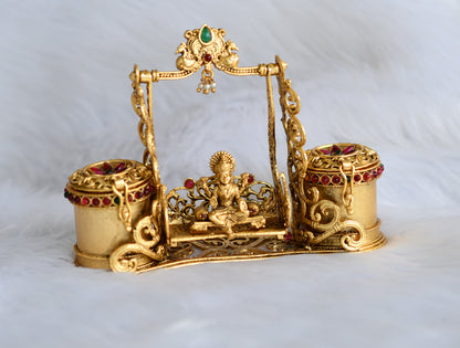 Antique gold tone kemp-green Lakshmi kumkum box dj-38604